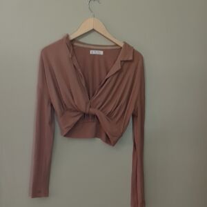 Brown Long Sleeve Twist Front Top